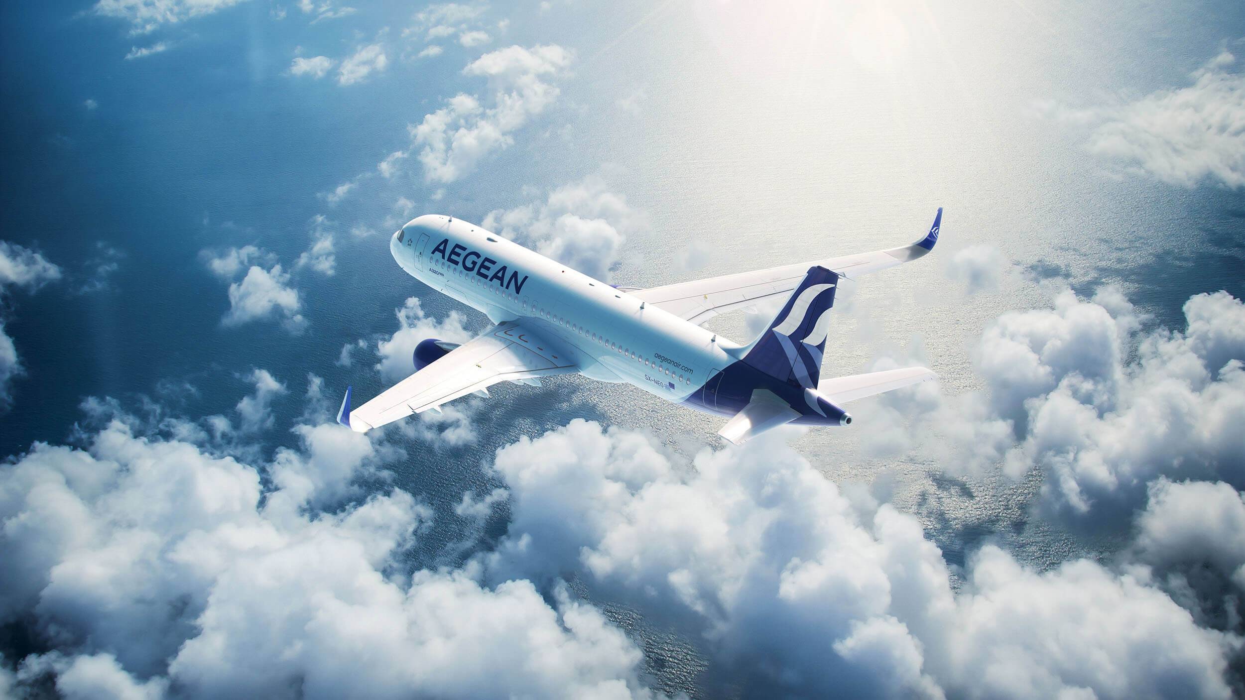 Aegean AIrlines Neo aircraft flying above some clouds