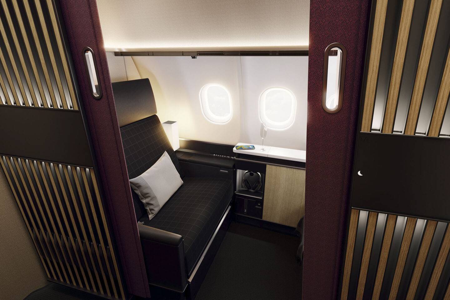 View of the SWISS First Class seat looking into the cabin showing the seat