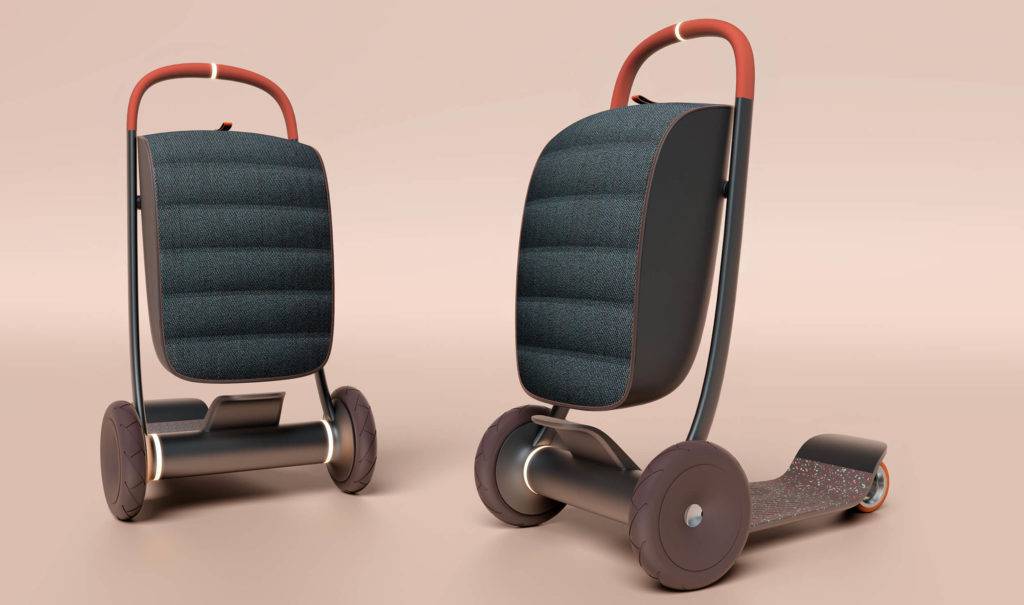A three wheeled personal scooter, with a large padded storage bag in the front, set against a light pink backdrop