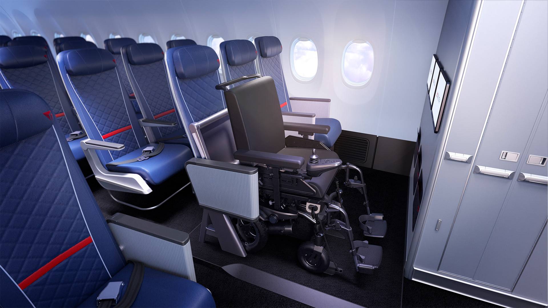 Air for all Economy seat deployed with wheelchair secured in place