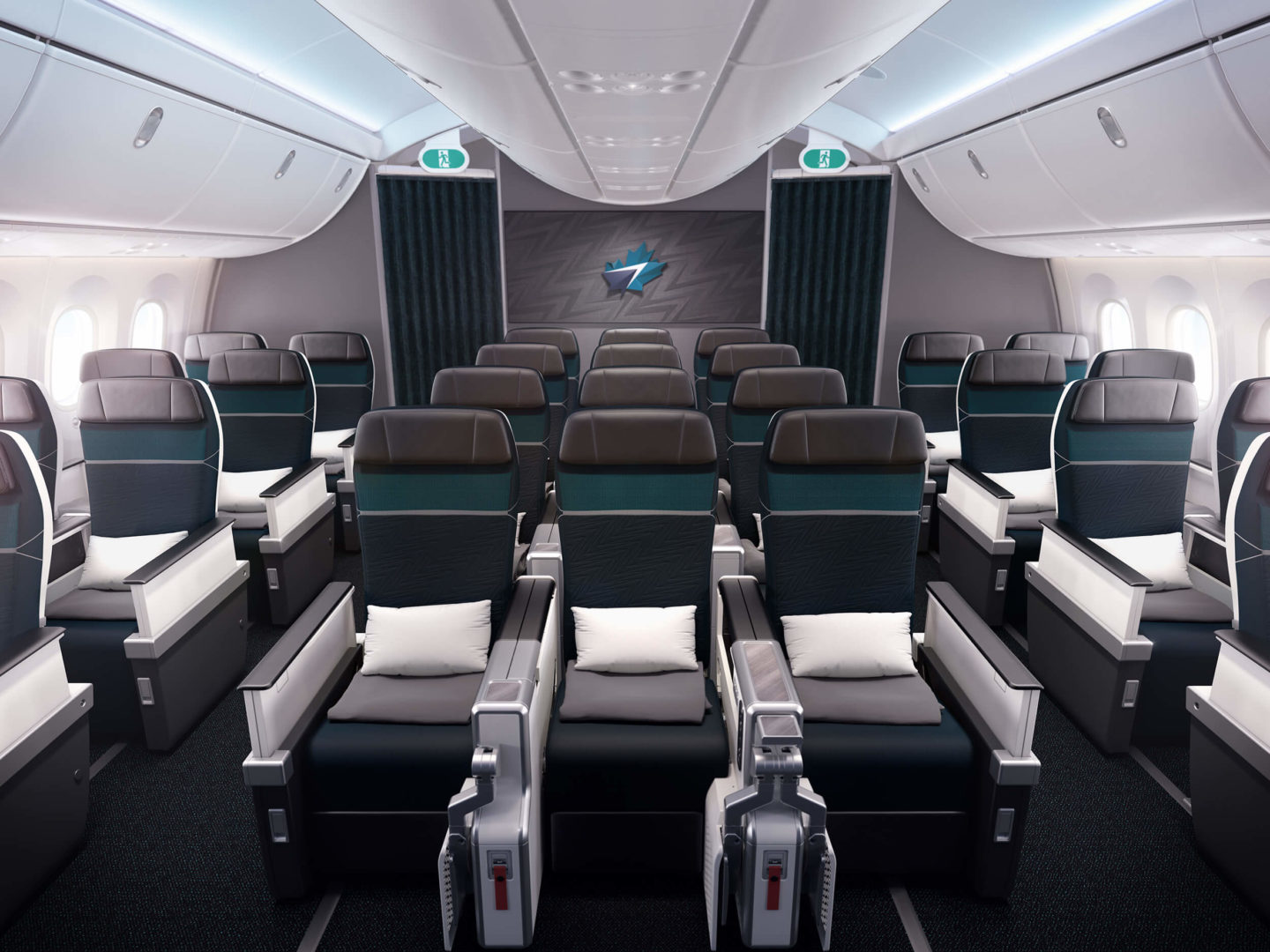 Full cabin view of Premium Economy Class onboard WestJet's B787 aircraft